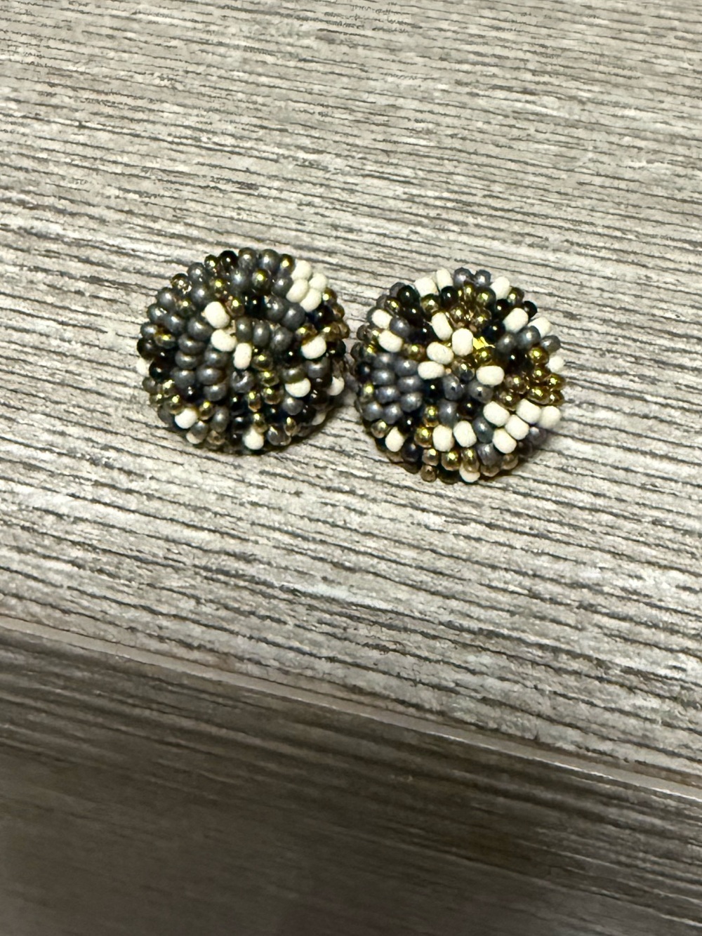Handmade Beaded Cluster Button Earrings - Gray, White & Gold
